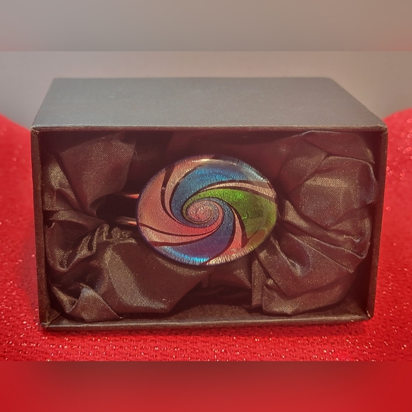 Dichroic Art Glass Hinged Cuff Bracelet Silver Tone Blue/Green/Black Swirl - Picture 2 of 10